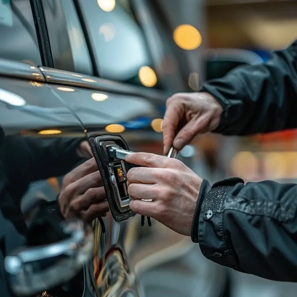 Um serralheiro de Faro trabalha para abrir um carro.